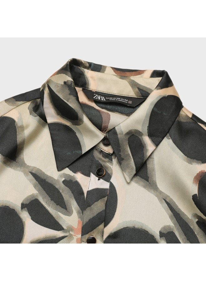Zara french High-end Silky Lightweight Color-block Print Collar Long Sleeve Shirt Dress - Image 5