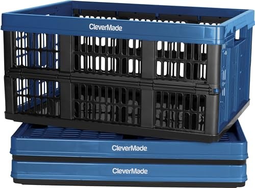 CleverMade Collapsible Utility Crates  Ocean 3 Pack 45L  11 Gal holds 66 lbs  Stackable Containers Heavy Duty Capacity Crates SpaceSaving Baskets