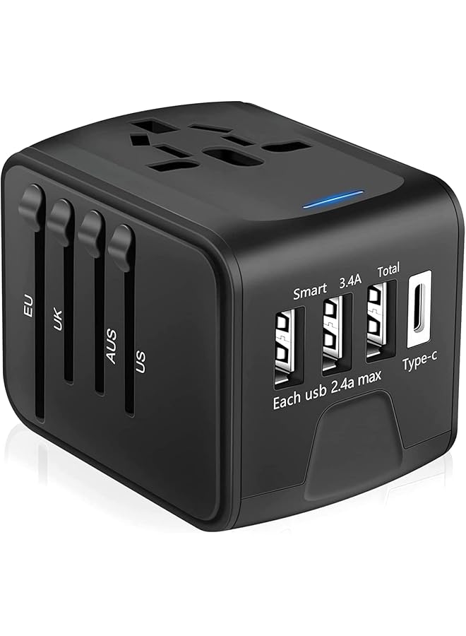 PROMASS Universal Travel Adapter, 3 USB Ports, Type-C Port, International Power Adapter for UK/US/AUS/EU, Black - Image 1