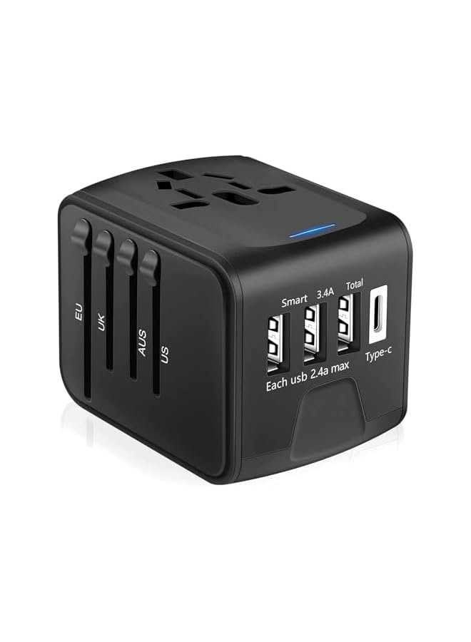 PROMASS Universal Travel Adapter, 3 USB Ports, Type-C Port, International Power Adapter for UK/US/AUS/EU, Black - Image 2