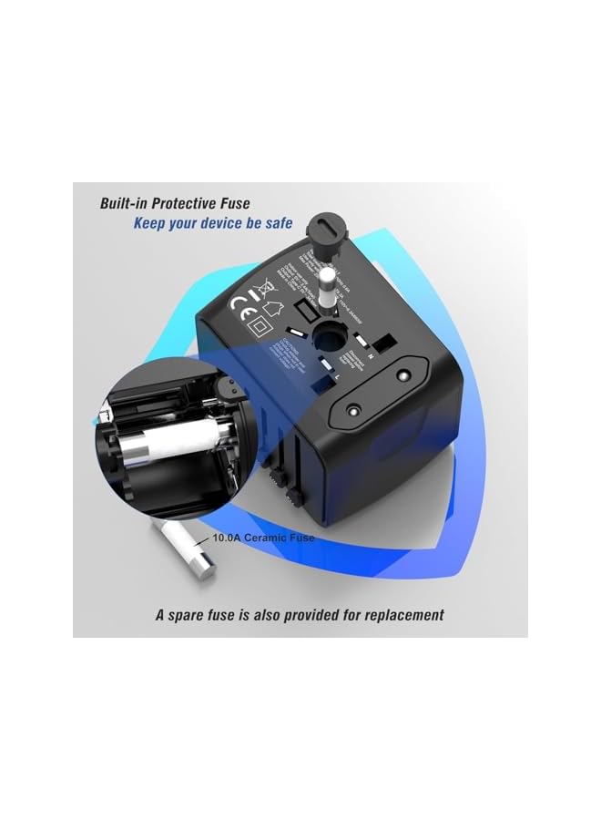 PROMASS Universal Travel Adapter, 3 USB Ports, Type-C Port, International Power Adapter for UK/US/AUS/EU, Black - Image 3