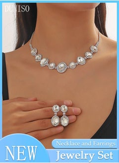 2Piece Necklace and Earrings Set Full Diamond Necklace Crystal Earrings Wedding Bridal Bridesmaid Costume Jewelry Set for Women and Girls Dress Accessories