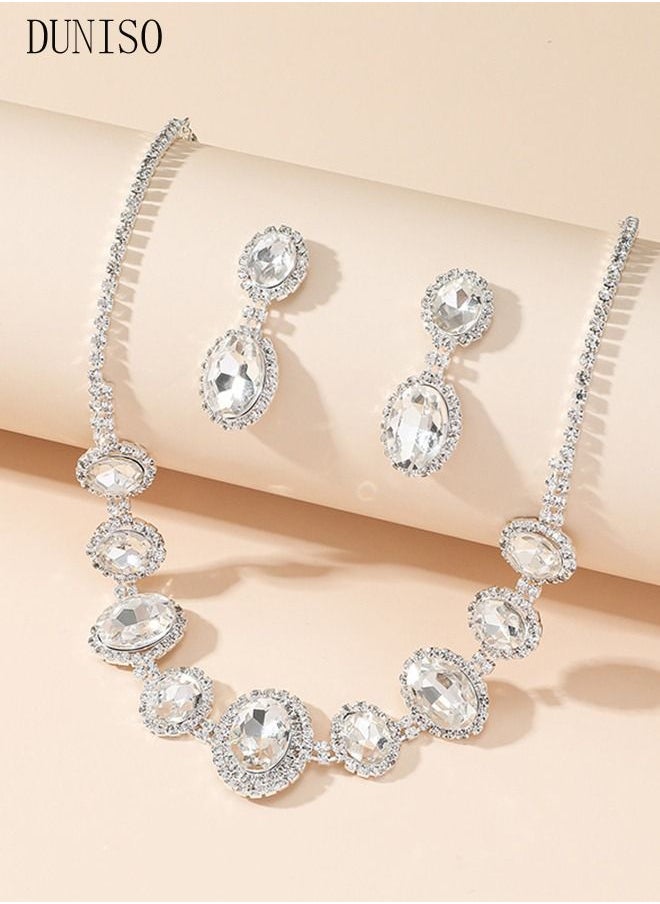 DUNISO - 2Piece Necklace and Earrings Set Full Diamond Necklace Crystal Earrings Wedding Bridal Bridesmaid Costume Jewelry Set for Women and Girls Dress Accessories - Image 1
