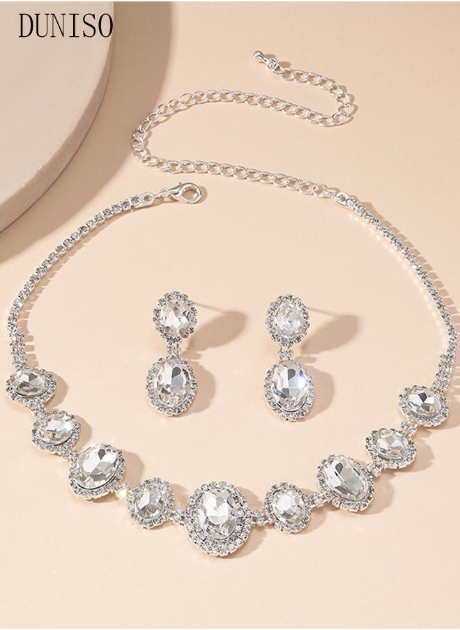 DUNISO - 2Piece Necklace and Earrings Set Full Diamond Necklace Crystal Earrings Wedding Bridal Bridesmaid Costume Jewelry Set for Women and Girls Dress Accessories - Image 1