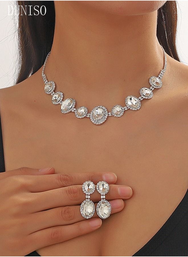 DUNISO - 2Piece Necklace and Earrings Set Full Diamond Necklace Crystal Earrings Wedding Bridal Bridesmaid Costume Jewelry Set for Women and Girls Dress Accessories - Image 1