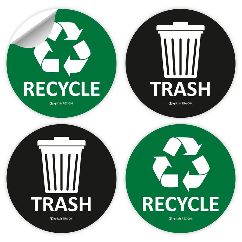 IGNIXIA Pack of 04 Recycle  Trash Stickers Indoor  Outdoor Trash Bin Decals Recycle  Trash Symbols Sticker 4 X 4 Inches Self Adhesive Peel  Stick GreenBlack