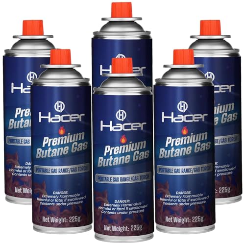 Hacer 6 x 225g Pure Butane Gas Cartridges for Camping Stove, Portable High Pressure Refill Fuel for Welding Torch, Fogging Machine & Lighters, Non-Freeze Canisters Pack of 6 - Image 1