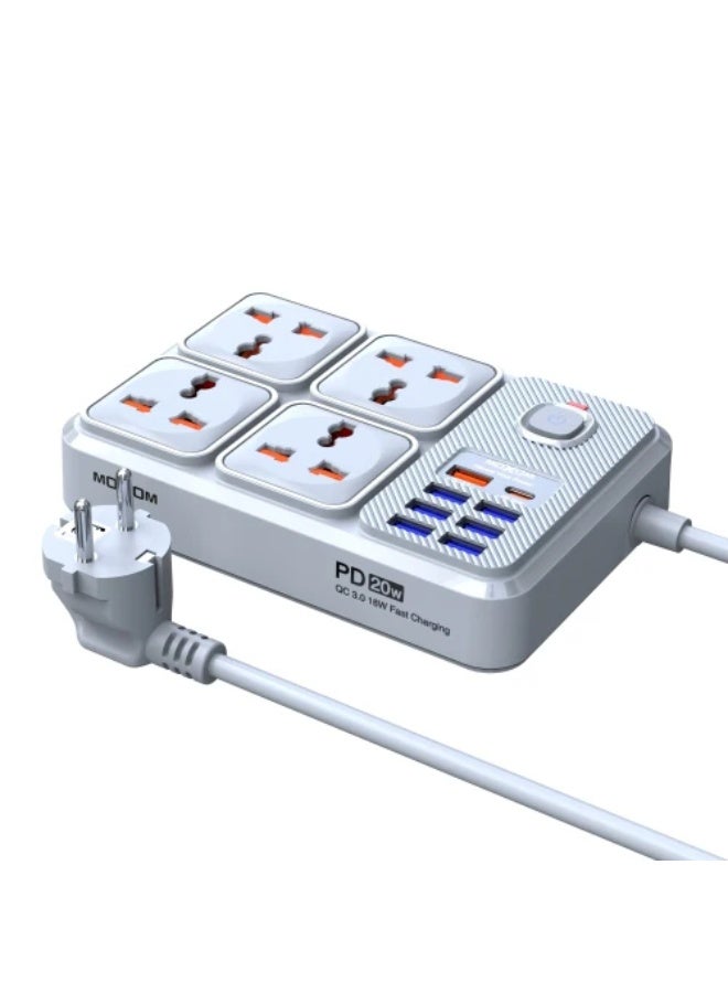 مشترك كهرباء MOXOM MX-ST17 مزود بـ 7 منافذ USB + منفذ PD20W سريع + منفذ QC للشحن السريع، قدرة قصوى 2500 واط، سلك تمديد بطول 2 متر، حماية من زيادة التيار ومناسب للاستخدام في المنزل والمكتب والسفر