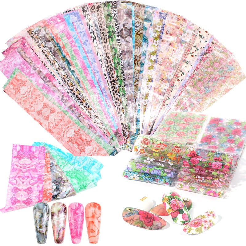 JERCLITY 150 Pieces Nail Art Foil Transfer Sticker Set Marbling Leopard Print Flower Nail Polish Foil Adhesive Decals for Women Girls Nail Art Decoration(1.57X7.87inch) - Image 1