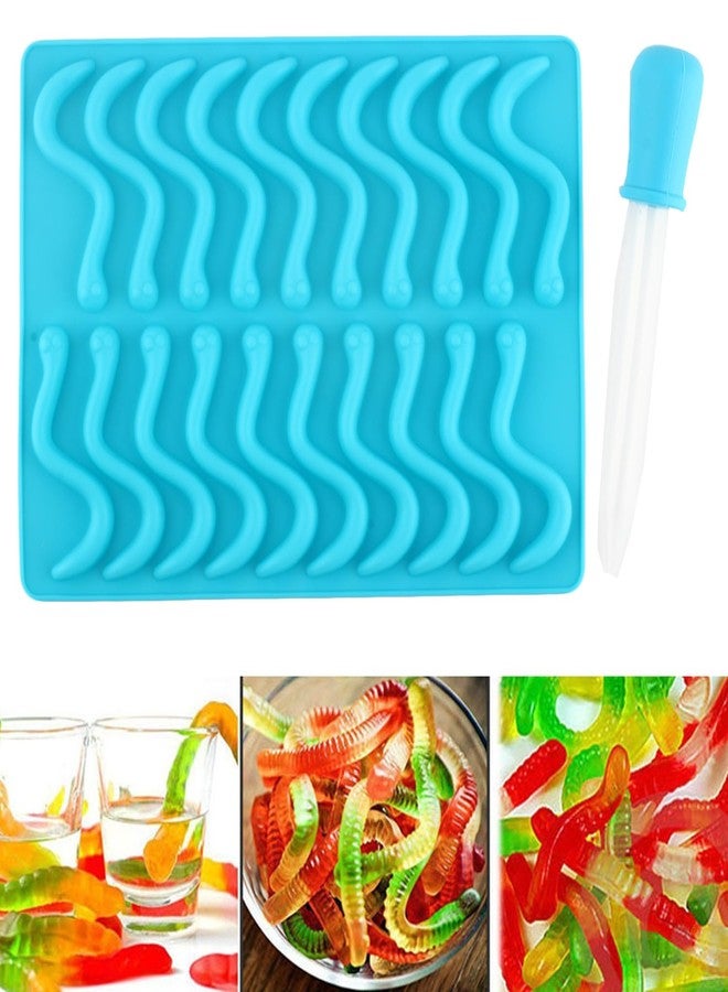 YIMINGMOLD قوالب سيليكون على شكل ديدان حلوى جيلاتينية من YIMINGMOLD، تحتوي على 20 تجويفًا، مع قطارة واحدة، لصنع حلوى جيلاتينية من الشوكولاتة. - Image 1