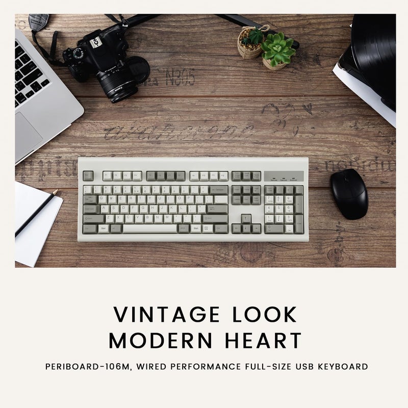 Perixx PERIBOARD-106M, Wired Performance Full-Size USB Keyboard, Curved Ergonomic Keys, Classic Retro Gray/White Color, US English Layout - Image 2