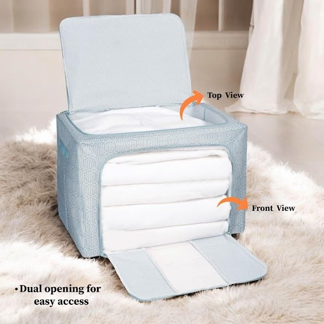 HomeStrap HomeStrap 100L Foldable Large Living Box Oxford Fabric Organizer with Stainless Steel Frame Transparent Window Zipper Handles Ideal for Comforters Clothes Quilts Pack of 2  - Image 4