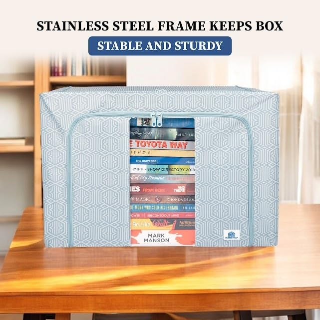 HomeStrap HomeStrap 100L Foldable Large Living Box Oxford Fabric Organizer with Stainless Steel Frame Transparent Window Zipper Handles Ideal for Comforters Clothes Quilts Pack of 2  - Image 3