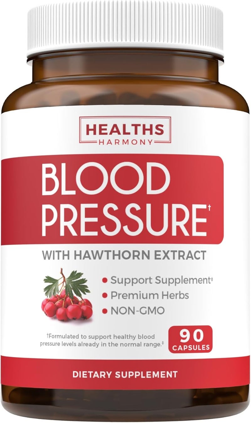 Healths Harmony Blood Pressure Support Supplement NONGMO Premium Natural Herbs Vitamins  Berries  High Dosage of Hawthorn Berry Extract  Supports Blood Pressure Levels Already In The Normal Range  90 Capsules - Image 1
