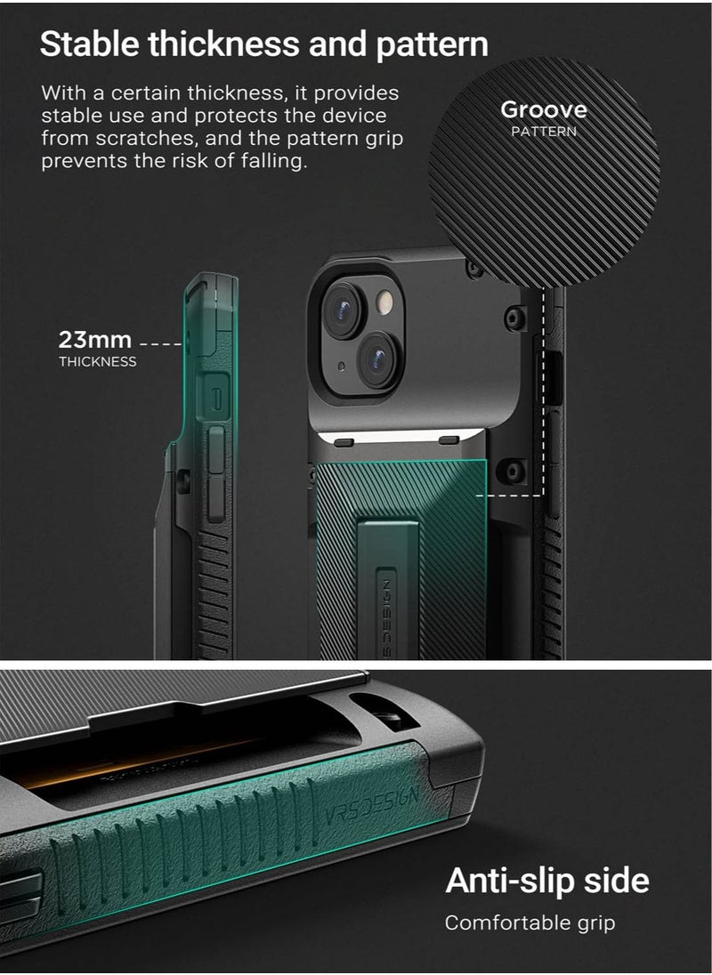 VRS Design Damda Glide Hybrid iPhone 14 Plus Case Cover Wallet with Semi Automatic Credit Card Holder Slot (3-4 Cards) & Kickstand - Black Groove  - Image 3