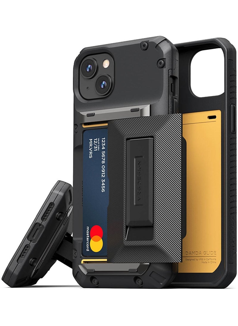 VRS Design Damda Glide Hybrid iPhone 14 Plus Case Cover Wallet with Semi Automatic Credit Card Holder Slot (3-4 Cards) & Kickstand - Black Groove  - Image 1