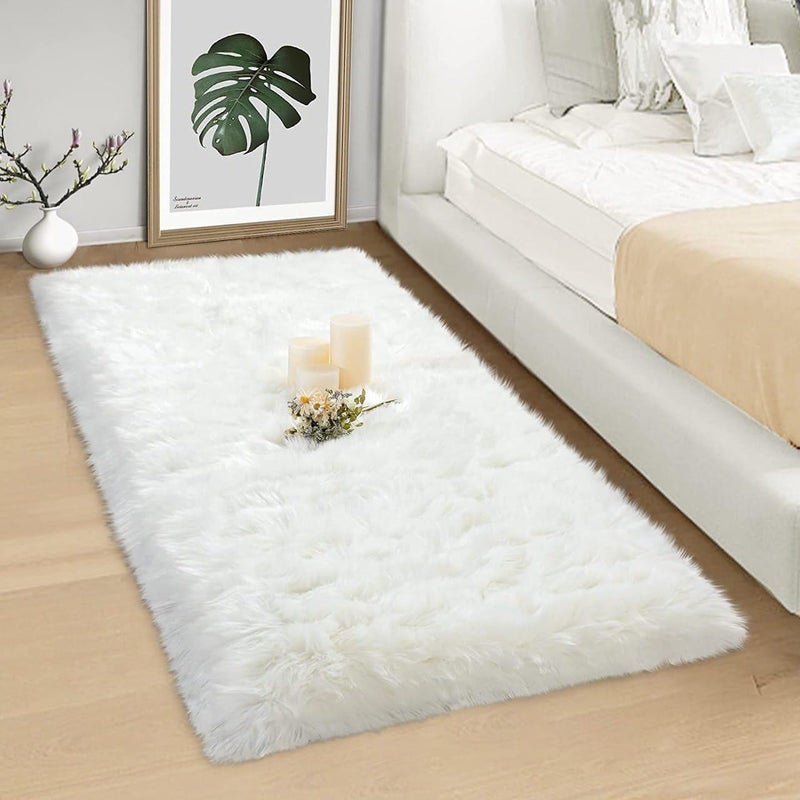 Yorten Sheepskin rug fluffy soft faux fox fur for bedroom living room decor faux fur bedside rug decorative fur for chair sofa bed fluffy washable rug (60x90 cm white) - Image 1