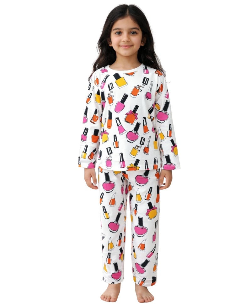ANTHRILO Pajama T-Shirt Set for Girls | Kids Night Suit for Girls | Nightwear | 100% Cotton Pyjama Set Nail Paint Print White | Long Sleeve T-Shirt and Pajama | 3-4 Years - Image 1