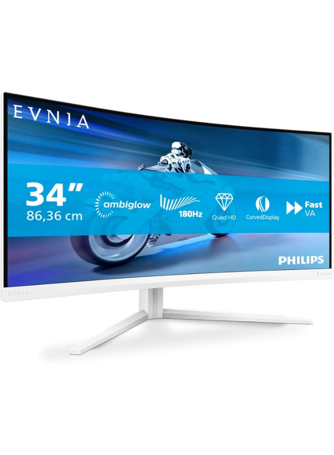 Evnia 34M2C5501A - 34 inch WQHD Curved Gaming Monitor, 180 Hz, 1 ms, FreeSync Premium, Ambiglow (3440x1440, 2x HDMI 2.0, 1x DisplayPort 1.4, USB Hub) White