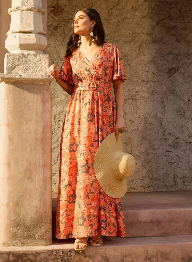 SASSAFRAS Orange Floral Print Belted A-Line Maxi Dress