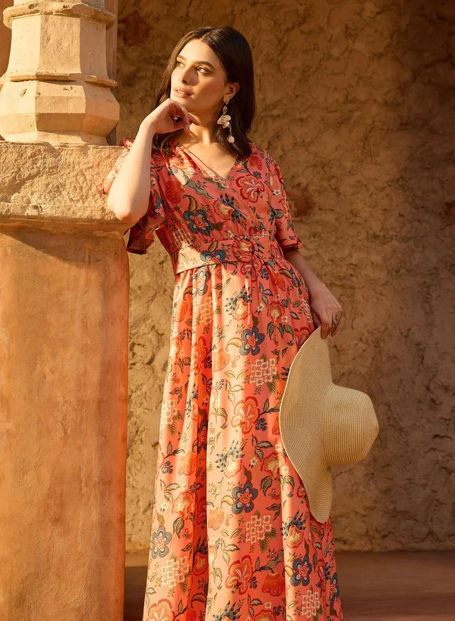 SASSAFRAS Orange Floral Print Belted A-Line Maxi Dress