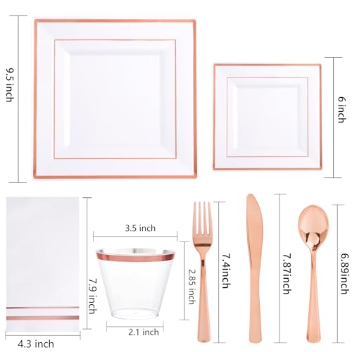 Festiva 350Pcs Rose Gold Plates and Napkins Party SuppliesSquare White and Rose Gold Disposable Dinnerware include Plates Cups Cutlery Napkins for 50 Guests Wedding Christmas PartyMothers Day - Image 5
