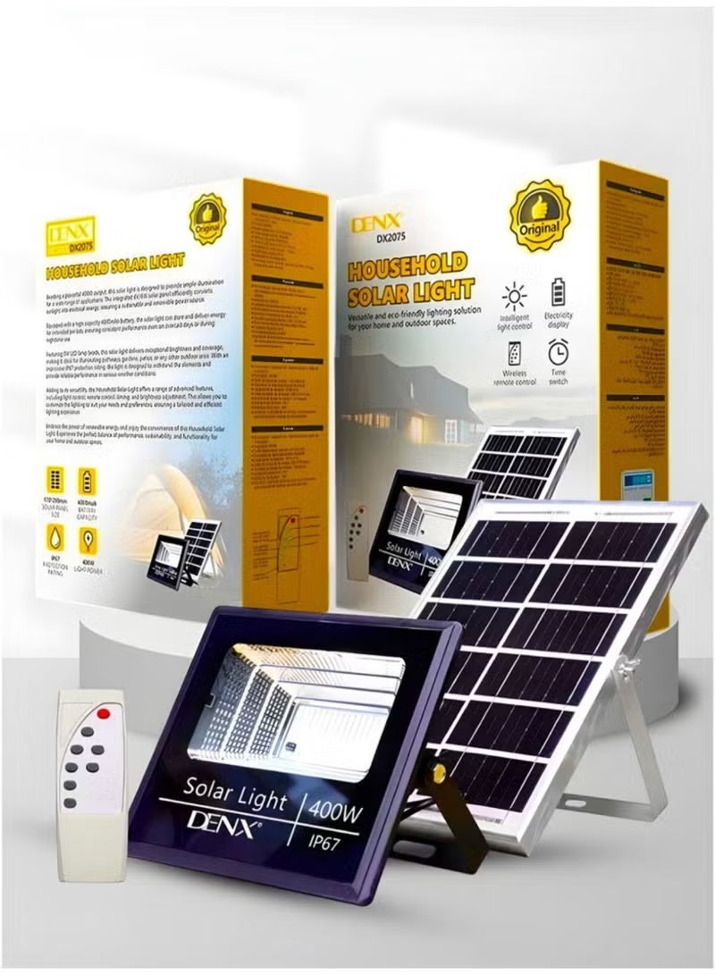 دينكس كشاف شمسي منزلي 400 وات – كشاف LED خارجي مقاوم للماء مع جهاز تحكم عن بعد، شحن USB، وبطارية 4000 مللي أمبير في الساعة - Image 1