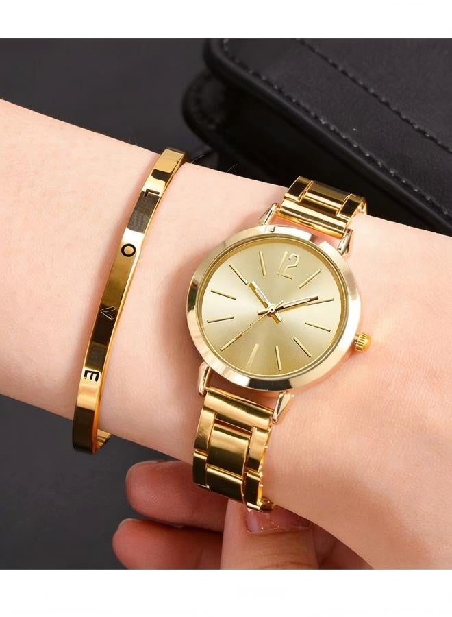 Happy D Golden Crystal Quartz Watch with Bracelet for Women, Women's Fashion Gift Set 2-Piece Set - Image 1