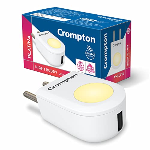 Crompton Night Buddy USB Charger + Lamp| 0.5 W |Turbo Charge | Indirect Lighting | USB Charging Point | 2 Pin Plug | Less Power Consuption | Pack of 1, LED, Plastic| Neutral White - Image 1
