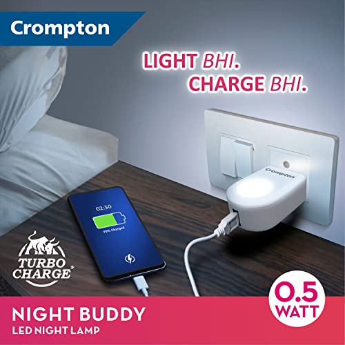 Crompton Night Buddy USB Charger + Lamp| 0.5 W |Turbo Charge | Indirect Lighting | USB Charging Point | 2 Pin Plug | Less Power Consuption | Pack of 1, LED, Plastic| Neutral White - Image 2
