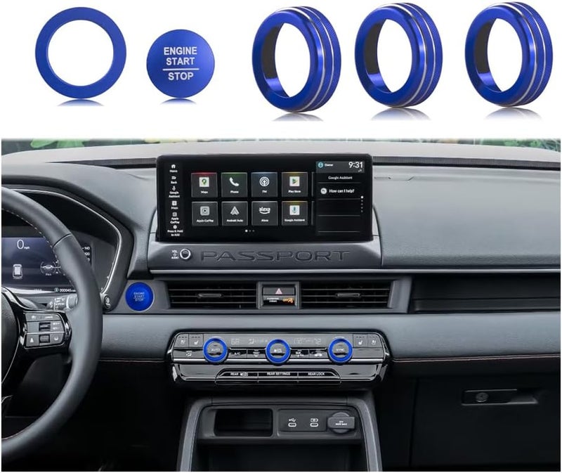 HDUFC for Honda 2026 Passport Interior Accessories, Aluminum Alloy one-Button Start Cover/Ring, air Conditioning knob, 5-Piece Set (Blue) - Image 1