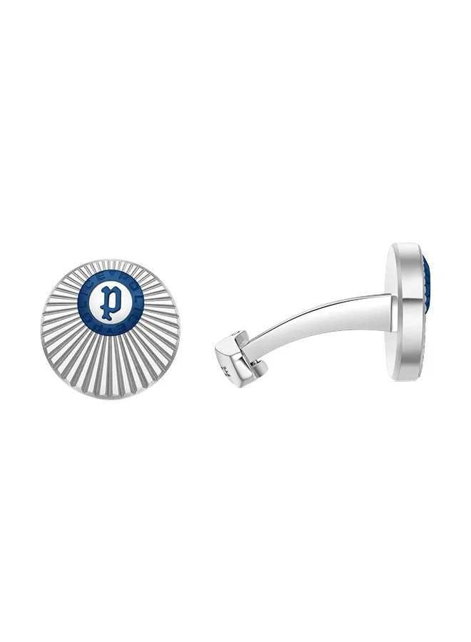 Police Radiant Silver Stainless Steel and Blue Logo Cufflinks for Men