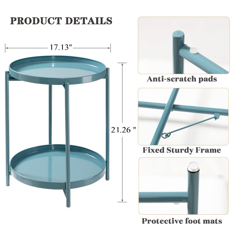 TeoKJ 2 Tier Round Side Table, Folding Round Metal End Table Small Nightstand with Two Removable Tray for Bedroom Living Room Bedside Small Spaces Blue Gray - Image 4