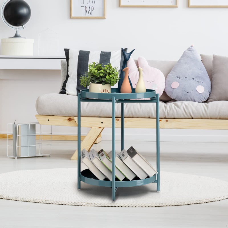 TeoKJ 2 Tier Round Side Table, Folding Round Metal End Table Small Nightstand with Two Removable Tray for Bedroom Living Room Bedside Small Spaces Blue Gray - Image 2