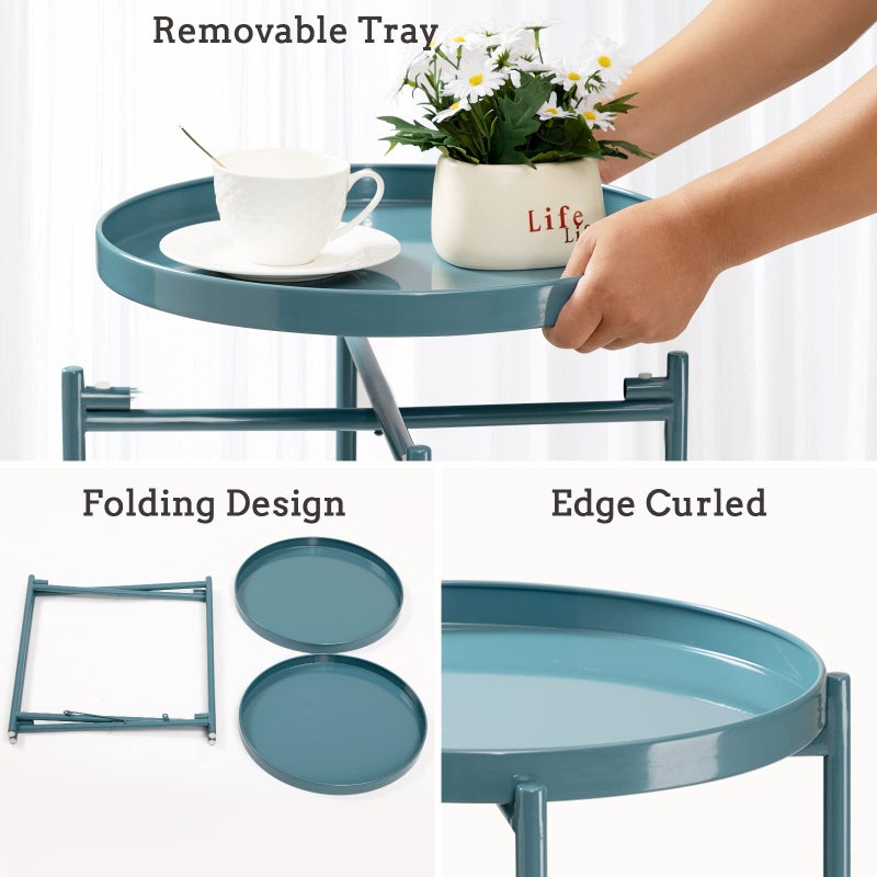 TeoKJ 2 Tier Round Side Table, Folding Round Metal End Table Small Nightstand with Two Removable Tray for Bedroom Living Room Bedside Small Spaces Blue Gray - Image 5