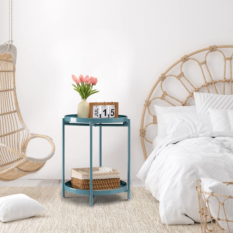 TeoKJ 2 Tier Round Side Table, Folding Round Metal End Table Small Nightstand with Two Removable Tray for Bedroom Living Room Bedside Small Spaces Blue Gray - Image 3