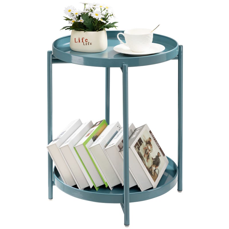 TeoKJ 2 Tier Round Side Table, Folding Round Metal End Table Small Nightstand with Two Removable Tray for Bedroom Living Room Bedside Small Spaces Blue Gray - Image 1
