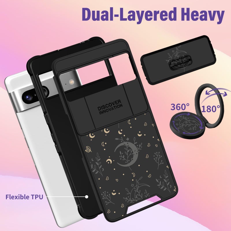 Funermei (2in1 for Google Pixel 7 Case for Women Moon Star Cute Girls Black Phone Cover Girly Pretty Moon Planet Design with Camera Cover+ Ring Stand for Google Pixel 7 Phone Case - Image 5