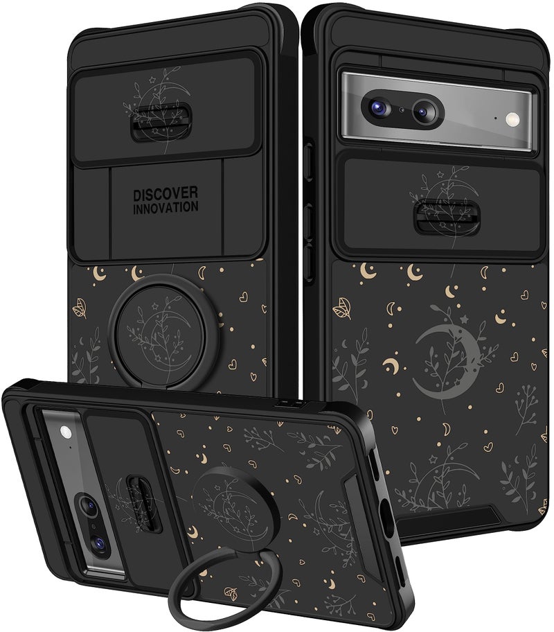 Funermei (2in1 for Google Pixel 7 Case for Women Moon Star Cute Girls Black Phone Cover Girly Pretty Moon Planet Design with Camera Cover+ Ring Stand for Google Pixel 7 Phone Case - Image 1