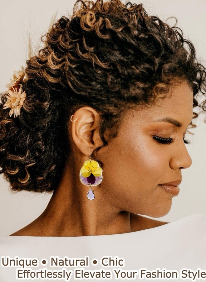 Pressed Pansy Flower Statement Earrings with Crystal, Natural Yellow Purple Pansy, Bohemian Boho Drop Dangle Resin Earrings for Women Girls - Image 5