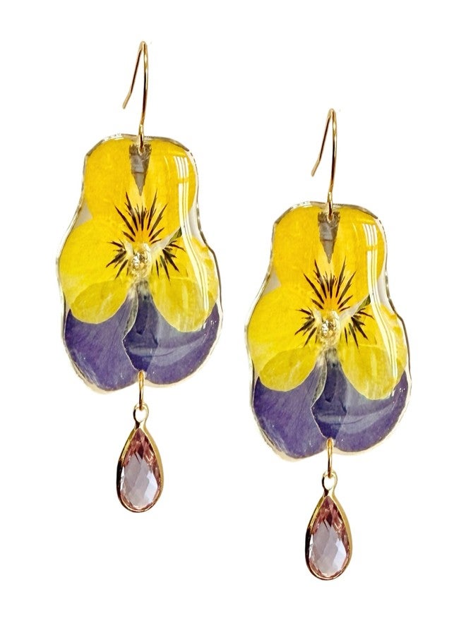 Pressed Pansy Flower Statement Earrings with Crystal, Natural Yellow Purple Pansy, Bohemian Boho Drop Dangle Resin Earrings for Women Girls - Image 1