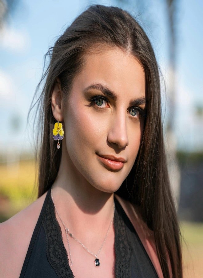 Pressed Pansy Flower Statement Earrings with Crystal, Natural Yellow Purple Pansy, Bohemian Boho Drop Dangle Resin Earrings for Women Girls - Image 3