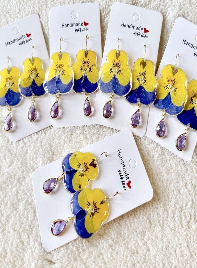 Pressed Pansy Flower Statement Earrings with Crystal, Natural Yellow Purple Pansy, Bohemian Boho Drop Dangle Resin Earrings for Women Girls - Image 2
