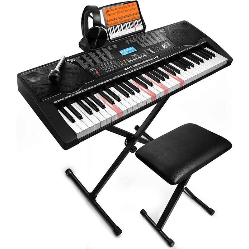 JIKADA 61 Key Portable Electronic Keyboard Piano w/Lighted Full Size Keys,LCD,Headphones,X-Stand,Stool,Music Rest,Microphone,Note Stickers,Built-In Speakers,3 Teaching Modes,Ideal for Beginner Adult - Image 1