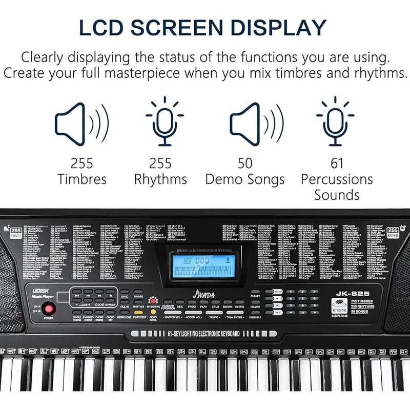 JIKADA 61 Key Portable Electronic Keyboard Piano w/Lighted Full Size Keys,LCD,Headphones,X-Stand,Stool,Music Rest,Microphone,Note Stickers,Built-In Speakers,3 Teaching Modes,Ideal for Beginner Adult - Image 2