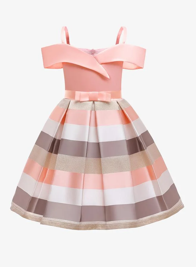 تايك تو Girls Striped Cold-Shoulder Dress with Bow Detail