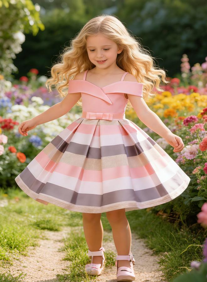 Take Two Girls Striped Cold-Shoulder Dress With Bow Detail - Image 1