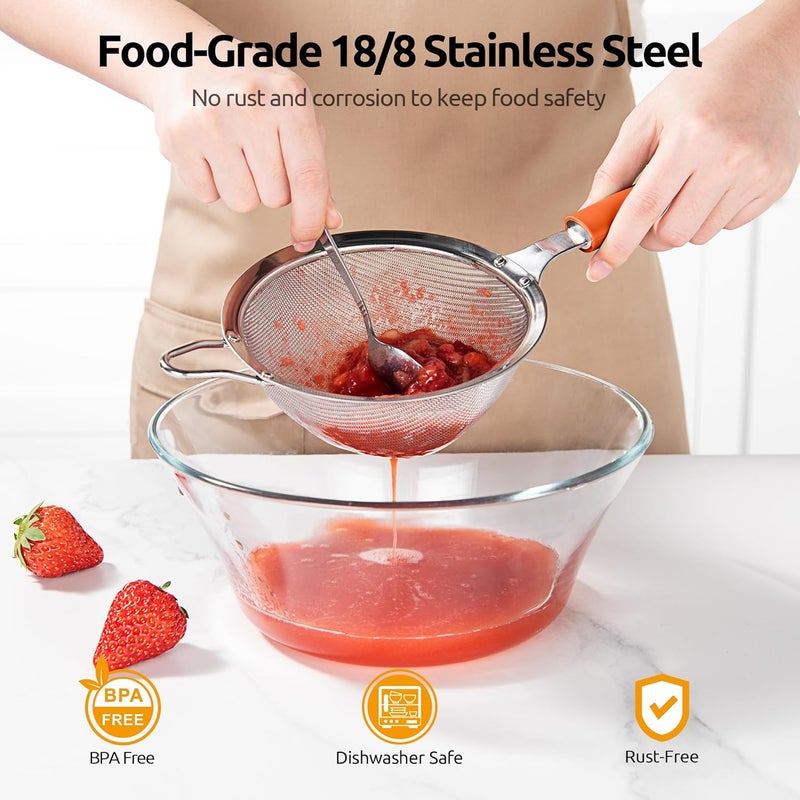 U-Taste 12cm Wide Mesh Strainer: 18/8 Stainless Steel 30-Mesh Fine Food Sieve with Upgraded Heavy Duty Riveted Silicone Handle, 6.5cm Deep Metal Kitchen Colander for Baking, Rice, Flour (Orange) - Image 2