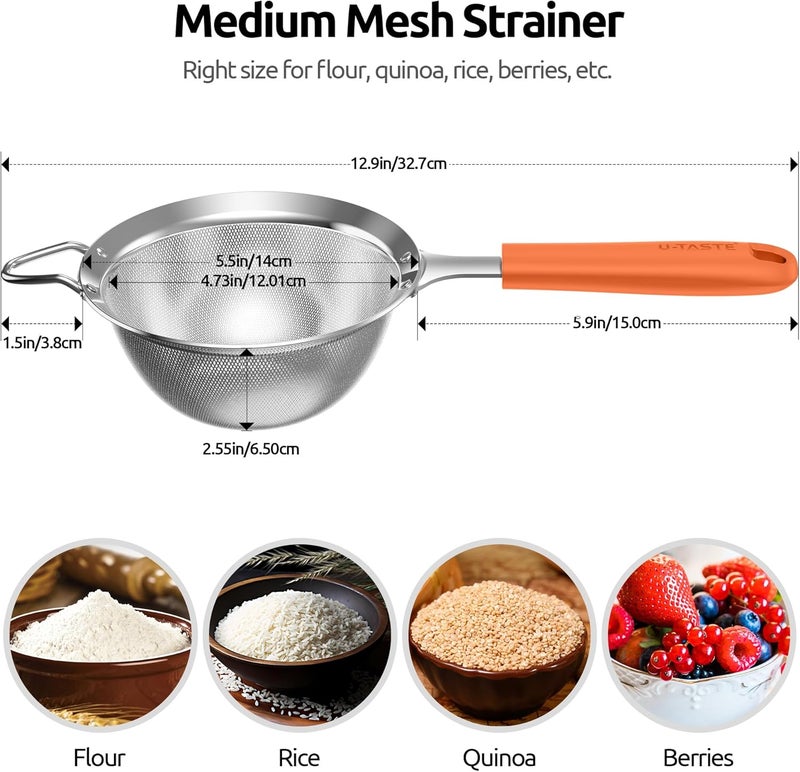 U-Taste 12cm Wide Mesh Strainer: 18/8 Stainless Steel 30-Mesh Fine Food Sieve with Upgraded Heavy Duty Riveted Silicone Handle, 6.5cm Deep Metal Kitchen Colander for Baking, Rice, Flour (Orange) - Image 1