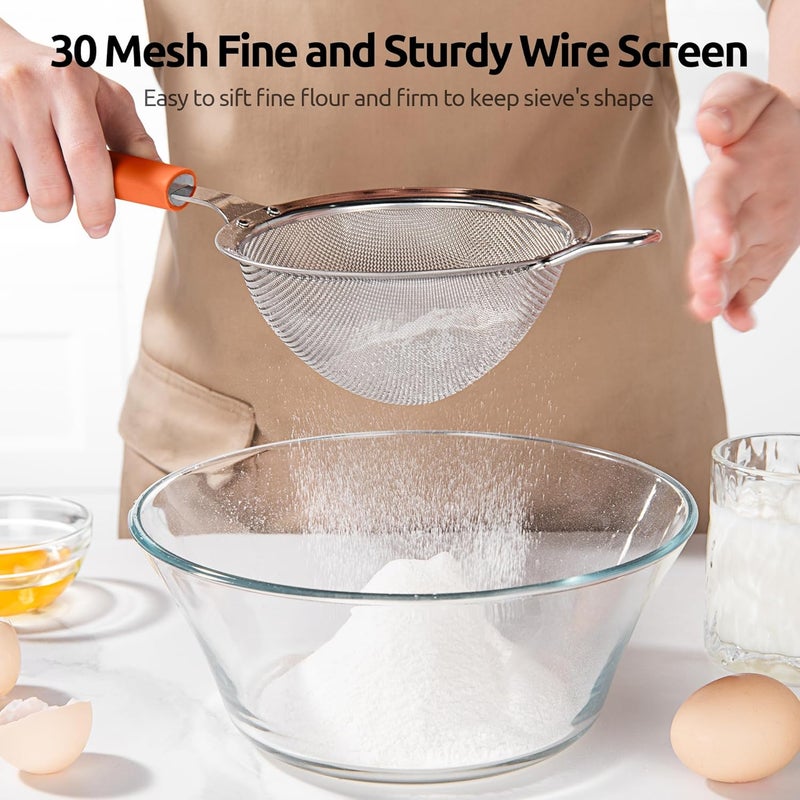 U-Taste 12cm Wide Mesh Strainer: 18/8 Stainless Steel 30-Mesh Fine Food Sieve with Upgraded Heavy Duty Riveted Silicone Handle, 6.5cm Deep Metal Kitchen Colander for Baking, Rice, Flour (Orange) - Image 4